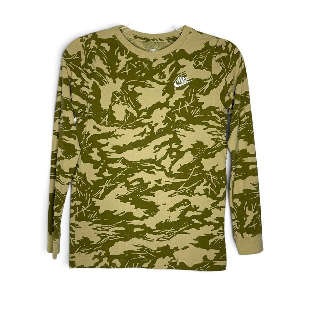 Nike Long Sleeve Futura Tee T Shirt Top Tan Green Camo DR9651-718 Boy’s Large